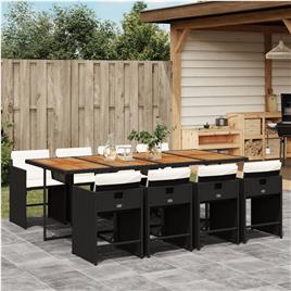 vidaXL 9 pcs conjunto de jantar p/ jardim c/ almofadões vime PE preto