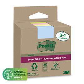 Post-it Bloco Notas Aderentes Super Sticky, 76 x 76 mm, Papel Reciclado, 70 Folhas por Bloco, Cores Sortidas, Pack 3 + 1