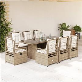 vidaXL 9 pcs conjunto de jantar p/ jardim com almofadões vime PE bege