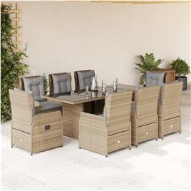 vidaXL 9 pcs conjunto de jantar p/ jardim com almofadões vime PE bege