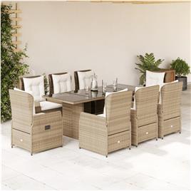 vidaXL 9 pcs conjunto de jantar p/ jardim com almofadões vime PE bege