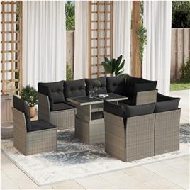 vidaXL 9 pcs conj. sofás jardim com almofadões vime PE cinzento-claro