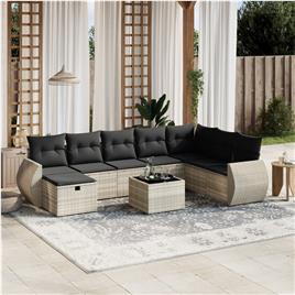vidaXL 9 pcs conj. sofás jardim com almofadões vime PE cinzento-claro