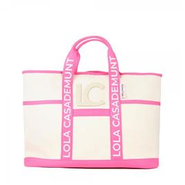 Lola Casademunt BOLSO SHOPPER CANVAS CON ASAS, Beige, Rosa - Ref.