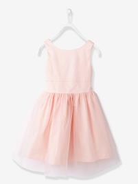 Vestido de cerimónia em cetim e tule, para menina bege-rosado