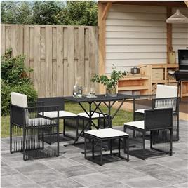 vidaXL 7 pcs conjunto de jantar p/ jardim c/ almofadões vime PE preto