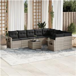 vidaXL 10 pcs conj. sofás jardim com almofadões vime PE cinzento-claro