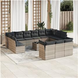 vidaXL 14 pcs conj. sofás jardim com almofadões vime PE cinzento-claro