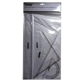 SIMPLY Conjunto Régua 30 cm, Esquadro 45º - 16 cm, Esquadro 60º - 23 cm e Transferidor 180º - 10 cm, Transparente