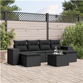 vidaXL 7 pcs conjunto de sofás p/ jardim c/ almofadões vime PE preto