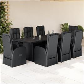 vidaXL 9 pcs conjunto de jantar p/ jardim c/ almofadões vime PE preto