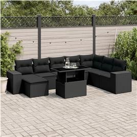 vidaXL 9 pcs conjunto de sofás p/ jardim c/ almofadões vime PE preto