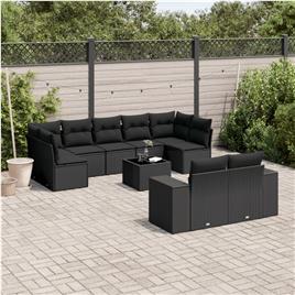 vidaXL 10 pcs conjunto sofás de jardim c/ almofadões vime PE preto