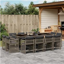 vidaXL 13 pcs conjunto jantar p/ jardim c/ almofadões vime PE cinzento