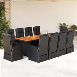 vidaXL 11 pcs conjunto de jantar p/ jardim c/ almofadões vime PE preto