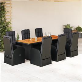 vidaXL 9 pcs conjunto de jantar p/ jardim c/ almofadões vime PE preto