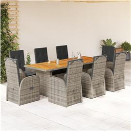 vidaXL 9 pcs conjunto de jantar p/ jardim c/ almofadões vime PE cinza