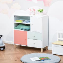 HOMCOM Móvel Infantil Cómoda para Crianças com 2 Compartimentos 2 Gavetas e 2 Armários para Armazenamento de Livros Brinquedos Roupa 80x30x85cm Coral Verde Menta Branco