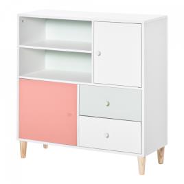 HOMCOM Móvel Infantil Cómoda para Crianças com 2 Compartimentos 2 Gavetas e 2 Armários para Armazenamento de Livros Brinquedos Roupa 80x30x85cm Coral Verde Menta Branco