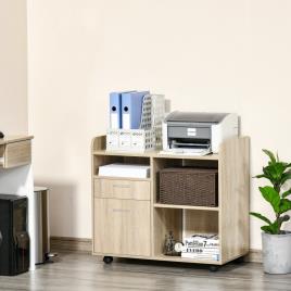 Vinsetto Armário para Impressora Armário Multifuncional de Escritório com 3 Compartimentos 2 Gavetas para Arquivos Prateleira Ajustável 2 Rodas com Freios 80x40x72cm Carvalho
