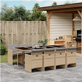 vidaXL 9 pcs conj. jantar jardim c/ almofadões vime PE bege misturado