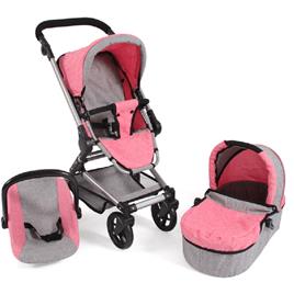 Carrinho de bonecas Nele Pink-Gray Combi 3 em 1