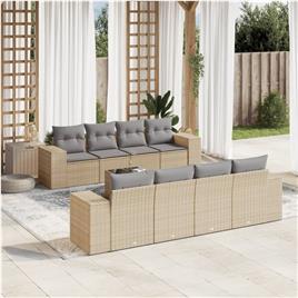 vidaXL 9 pcs conjunto de sofás p/ jardim com almofadões vime PE bege