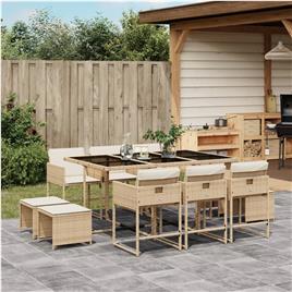 vidaXL 11 pcs conjunto de jantar p/ jardim com almofadões vime PE bege