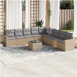 vidaXL 10 pcs conjunto de sofás p/ jardim com almofadões vime PE bege