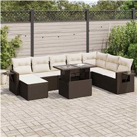 vidaXL 9 pcs conjunto sofás p/ jardim c/ almofadões vime PE castanho