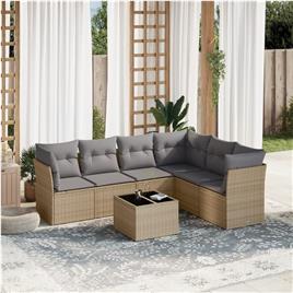 vidaXL 7 pcs conjunto de sofás p/ jardim com almofadões vime PE bege