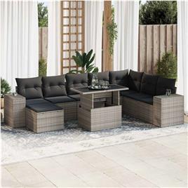 vidaXL 9 pcs conjunto sofás p/ jardim com almofadões vime PE cinzento