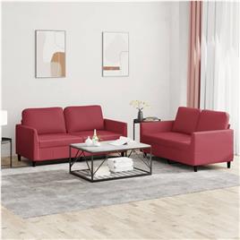 vidaXL 2 pcs conjunto sofás c/ almofadões couro artif. vermelho tinto
