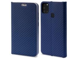 Capa Tipo Carteira MOOZY para Samsung A21S Carbono Azul Escuro – Proteção de Borda Metálica com Fecho Magnético e Suporte para Cartão