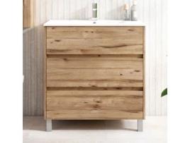 Móveis de Casa de Banho com Lavatório Mod. Sirex 100X45 Cm Acabamento Teca Claro Mate 3 Gavetas com Pés KIBATH