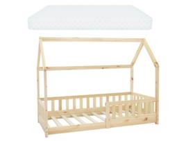 Berço com Estrutura de Ripas de Protecção Contra Queda e Telhado 80X160 Cm Madeira de Pinho Natural ML-DESIGN