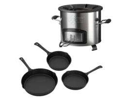 Fogão de Campismo em Aço Inoxidável com 3 Panelas de Ferro BBQ#BOSS