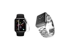 Kit Bracelete de Aço Ferramenta Pelicula de Hydrogel GIFT4ME Compativel com Apple Watch Series 10 42Mm Cinza / Transparente