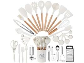 Conjunto de Utensílios de Cozinha 34 Peças Conjunto de Panelas Resistentes Ao Calor de Silicone com Cabo de Madeira-Branco VENISYMLIS