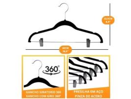 Cabide Antiderrapantes Slim De Veludo Com Presilhas Para Roupas Pack 5 Unidades Preto 42Cm GLOBALMIX