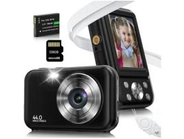 Câmara Digital para Crianças Compact VIGA EUROPE Dc406 Fdh 44Mp Zoom com Foco Automático 16X Tela de 2 4 Polegadas 128G- Preto
