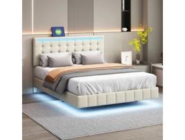 Cama com Cabeceira Estofada Flutuante Acolchoada Luzes Led ARHATREYA Upholstered Bege (140x200cm)