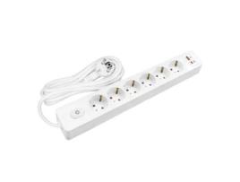 Multiplicador Tomada SELDUR G6Th22B 6 Tomadas Tipo F + Interruptor Usb A+C Carga Rápida 20W Branco Cabo 2M