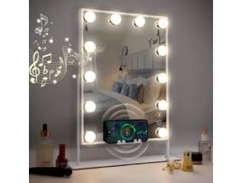Espelho De Maquilhagem Bluetooth Hollywood Com Luzes 12 Led Com Carregamento Sem Fio 30X41Cm Rotação De 360 VANITII
