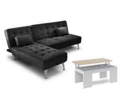 Oferta: Sofá-Cama Chaise Longue Xs Preto Mesa de Centro Branco e Carvalho SALDOSYSTOCKS (198 x 75 x 146 cm)