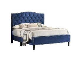 Cama de Casal Jessy 135Cm Azul em Veludo Colchão Viscoelástico Top de 28Cm SALDOSYSTOCKS