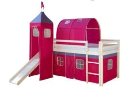 Cama Meio-Alta 90X200Cm com Escada Deslizante em Madeira Lacada Branca e Lona Rosa Escuro Incluída Lit06010/3 MOBIKASA