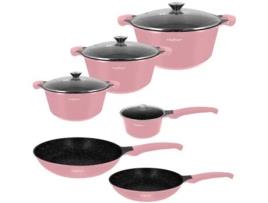 CHEFFINGER Conjunto de Cozinha 10 Peças 3 Caçarolas/2 Frigideiras/1 Panela com Alça Soft-Touch Rosa