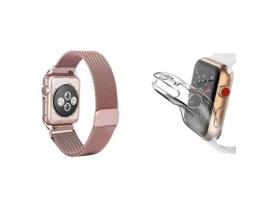 Kit Bracelete Milanese com Fecho Magnético Capa Proteção Total para Apple Watch Series 9 41Mm Rosa / Transparente