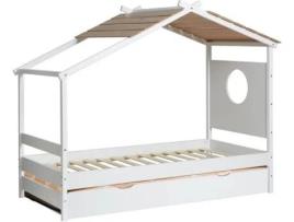 Cama cabana + cama elevável MUEMUE em madeira branca 90x190cm